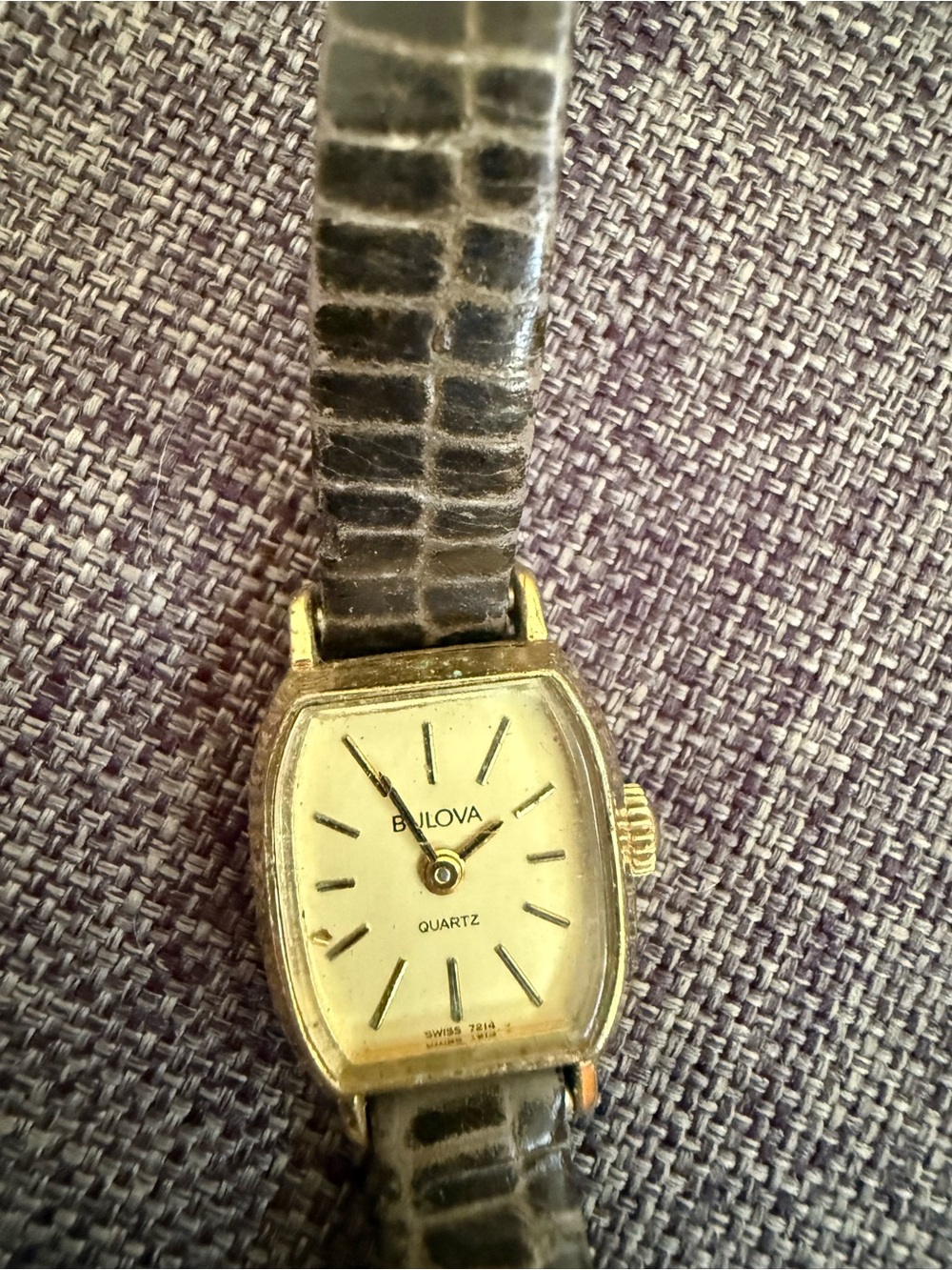 Bulova Gold and Black Leather-Pattern Ladies Watch (not working)